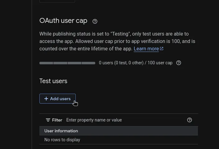 Add test users dialog