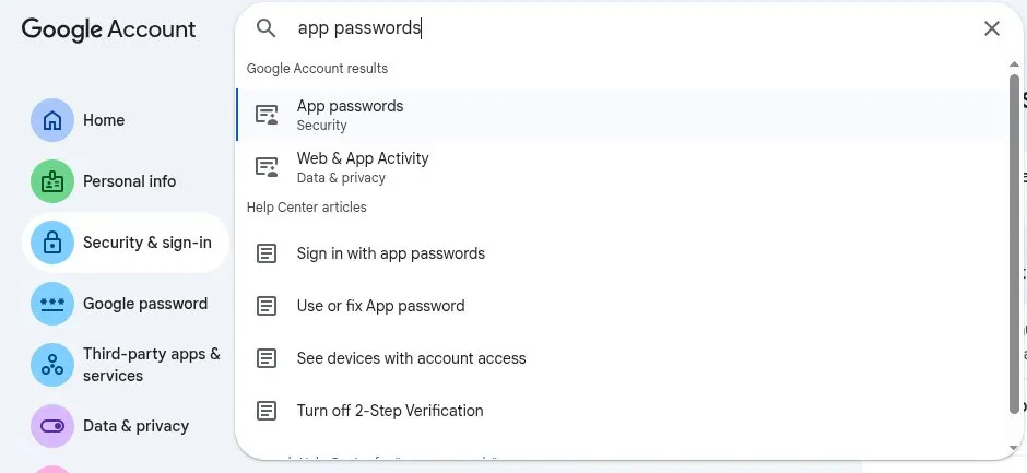 Google Account search showing the App passwords option